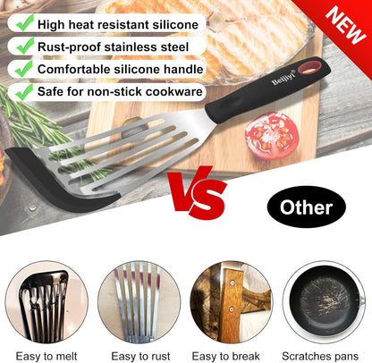 Beijiyi 2-Piece Silicone Fish Spatula for Nonstick Cookware, Heat Resistant | BPA Free, Flexible & Thin Edge, Scratch-Free, Slotted Turner, Kitchen Use, Cooking Flipper for Egg, Pancake, Dishwasher Safe