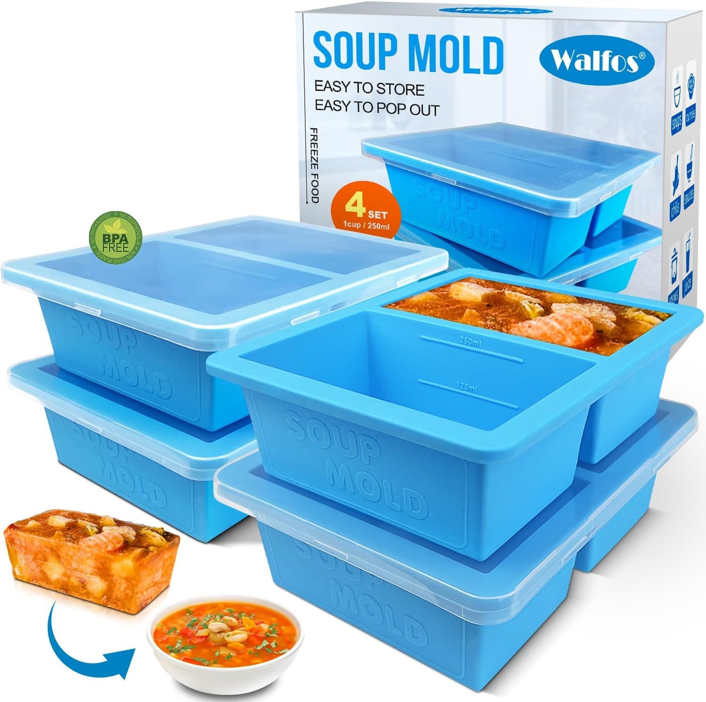 Walfos Silicone Freezer Tray with Lid - 1.5Cup Silicone Food Freezer Tray - Soup, Sauce, leftovers, Homemade Meal Prep Freezing Kitchen Storage Containers - 4pcs-blue