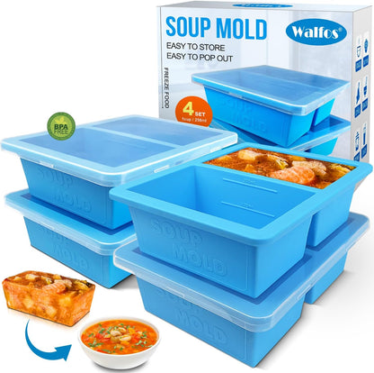 Walfos Silicone Freezer Tray with Lid - 1.5Cup Silicone Food Freezer Tray - Soup, Sauce, leftovers, Homemade Meal Prep Freezing Kitchen Storage Containers - 4pcs-blue