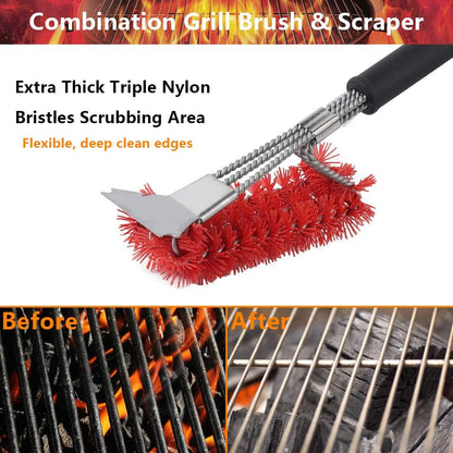 XSUPER Nylon Grill Brush, 3 in 1 Grill Brush & Scraper, Best Nylon Brushes, 18" Barbecue Cleaning Brush for a Cool Grill, Scraper for Grill Cooking Grates,Universal Fit BBQ Grill Accessories