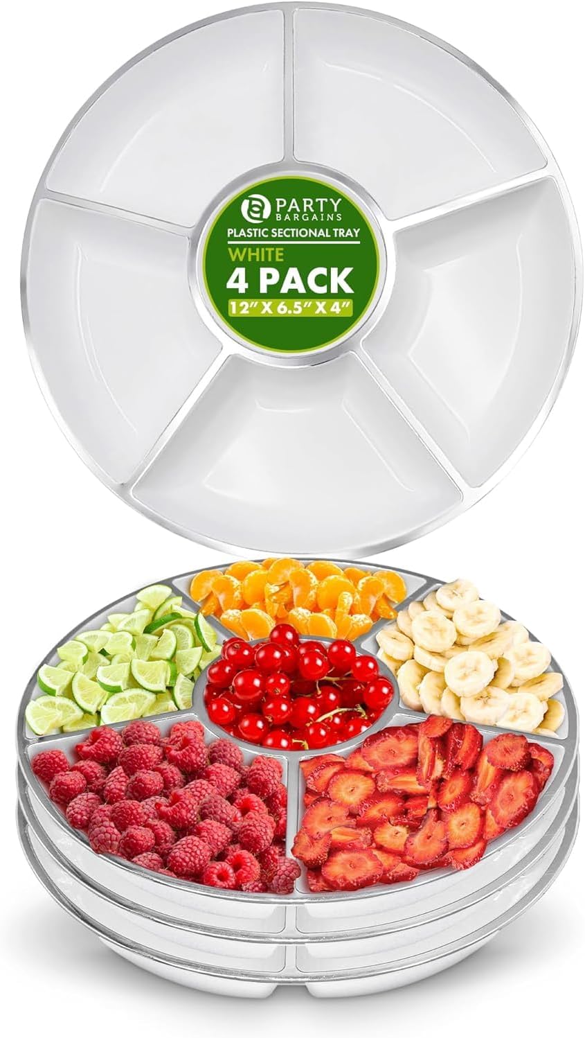 PARTY BARGAINS 12" Round Plastic Serving Tray, 6-Sections, Clear, Pack of 1