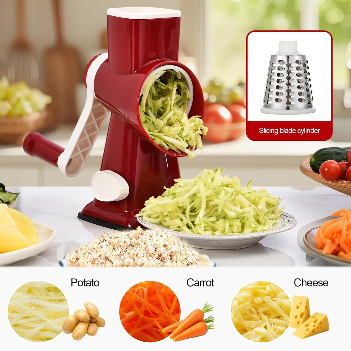 Rotary Cheese Grater Manual Hand Crank 3-in-1 Vegetable Shredde