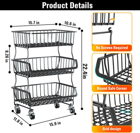 Gsiekare 3-Tier Rolling Pantry Organizer and Storage Cart with Wheels | Stackable wire pantry baskets for pantry shelves, fruit basket stand, easy to move, storage rack for food snack onion potato