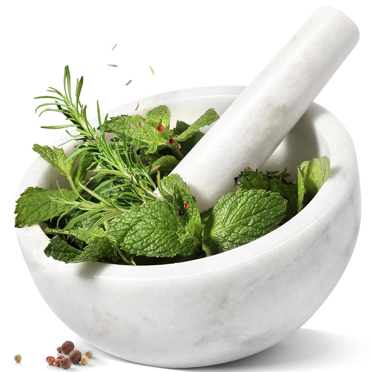 Koville Luxury Marble Mortar and Pestle Set, 7"-4cups Grinder Bowl for Guacamole, Salsa, Pill Crusher, Spice, Herb, Garlic, Nut, Heavy Duty Grinder for Kitchen
