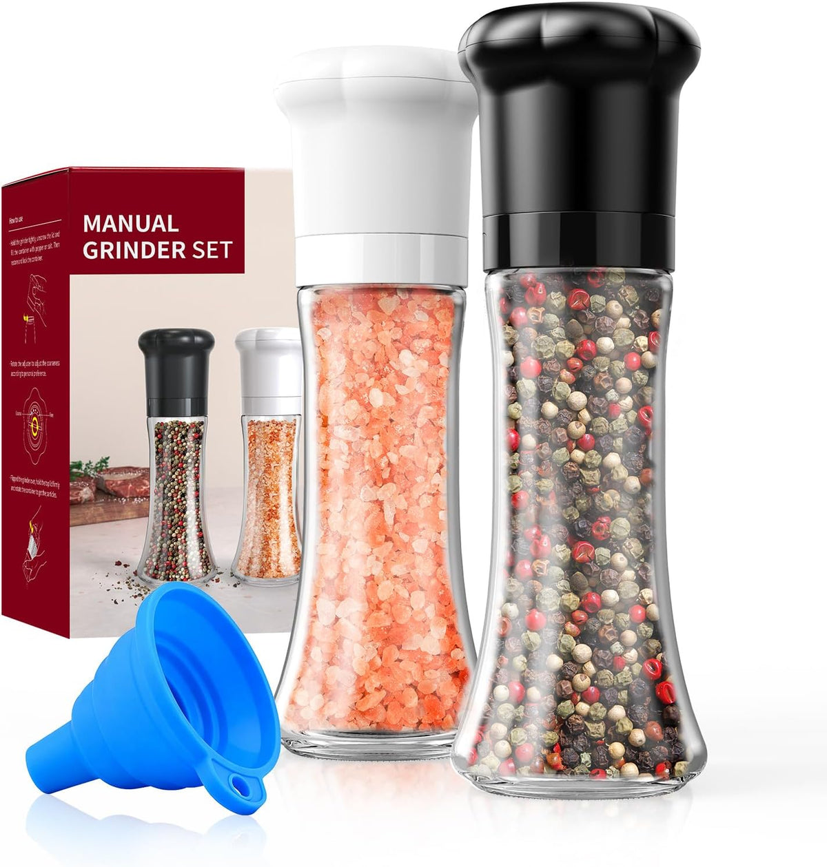 CIRCLE JOY Premium Manual Salt and Pepper Grinder Set, Refillable Salt and Pepper Shakers with Ceramic Blades, Adjustable Coarseness and BPA-free 180ml Glass Container, Tall Black White