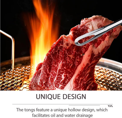 2 Pcs Stainless Steel BBQ Grill Tongs, Kitchen Tongs for Cooking, 11 inch & 9.4 inch Grill Tongs Set, BBQ Tweezers, Cooking Clamp Tool for Grilling Steak Vegetables Salad, Clip Head Hollow Design