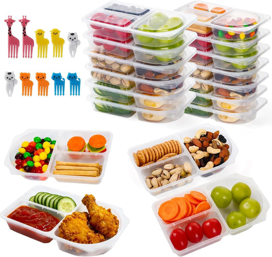 16 Sets 8.8 OZ Reusable Snack Containers with Lids, New 3-Compartment BPA-Free Portion Control Containers for Kids Lunch, Meal Prep & On-the-Go, Refrigerator & Microwave Safe with 10 Animal Forks