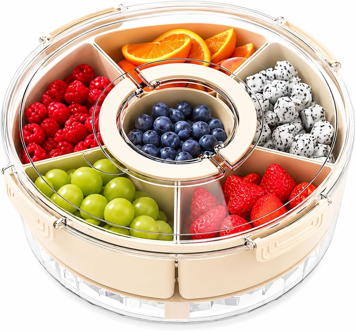 UFORU Divided Serving Tray with Lid, Handle and Chill Base, Portable 6 Compartment Snackle Box Container, Rounded Veggie and Fruit Organizer for Charcuterie, Snacks, Travel, Picnic, Kitchen, Party