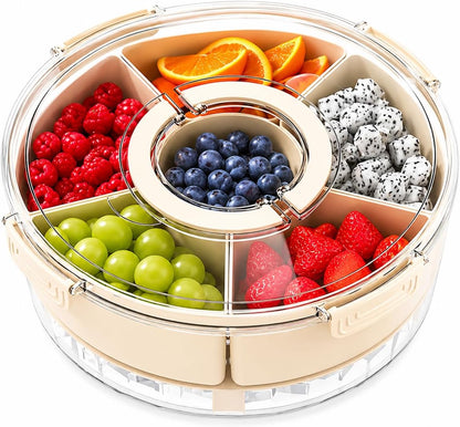 UFORU Divided Serving Tray with Lid, Handle and Chill Base, Portable 6 Compartment Snackle Box Container, Rounded Veggie and Fruit Organizer for Charcuterie, Snacks, Travel, Picnic, Kitchen, Party