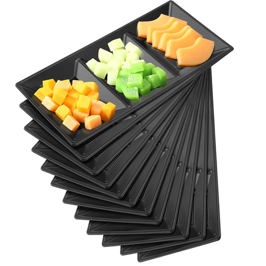 Ziliny 20pcs Black 3 Section Serving Tray Bulk Serving Dish Compartment Appetizer Tray Plastic Dessert Platter Divided Disposable Plate for a Tini Bit Older Party