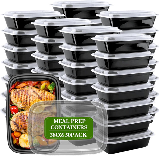 RANLITTLE Meal Prep Containers 50 Pack 38oz Reusable, Leakproof Food Storage Containers with Lids, BPA-Free Plastic To Go Take Out Bento Box Stackable Microwave & Freezer Safe