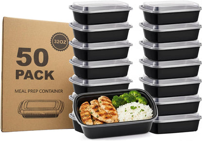 50 Pack (100-Piece) Meal Prep Containers with Lids, Reusable 2-Compartment Food Storage, Sturdy Leakproof, Food Safe, Microwave Freezer Dishwasher Safe, To-Go Takeout Plastic Containers – 60828