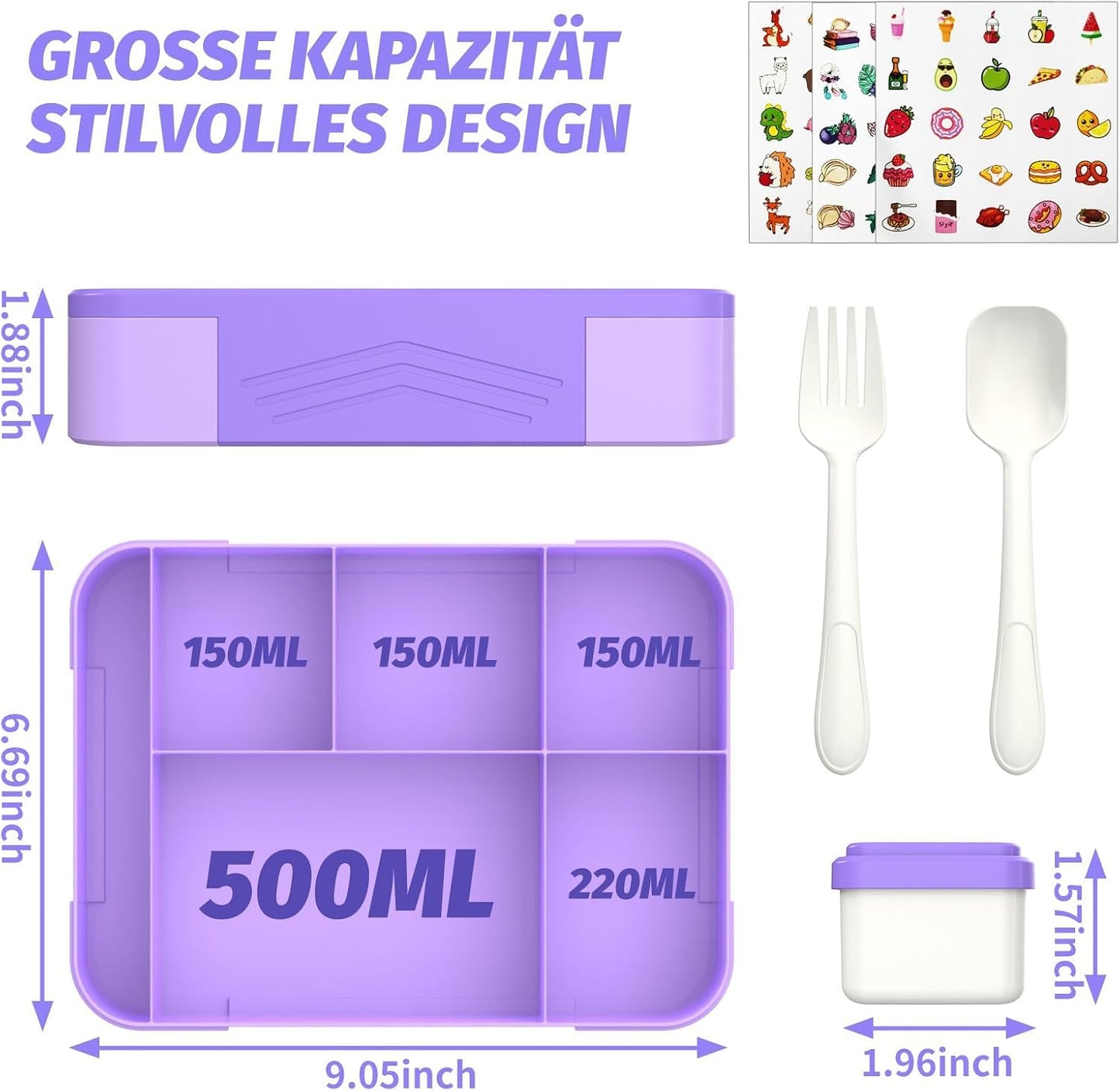 Children's Lunch Box with Compartments,Bento Box Children,Leak-proof Lunch Box for Girls and Boys, Breakfast, Cutlery Set, Snack, Perfect for School,Nursery&Trips(Purple)