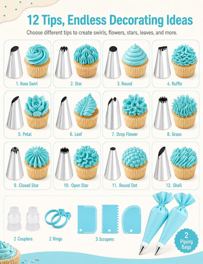 Reusable Piping Bags and Tips Set, 21-Piece Cake and Cupcake Decorating Kit