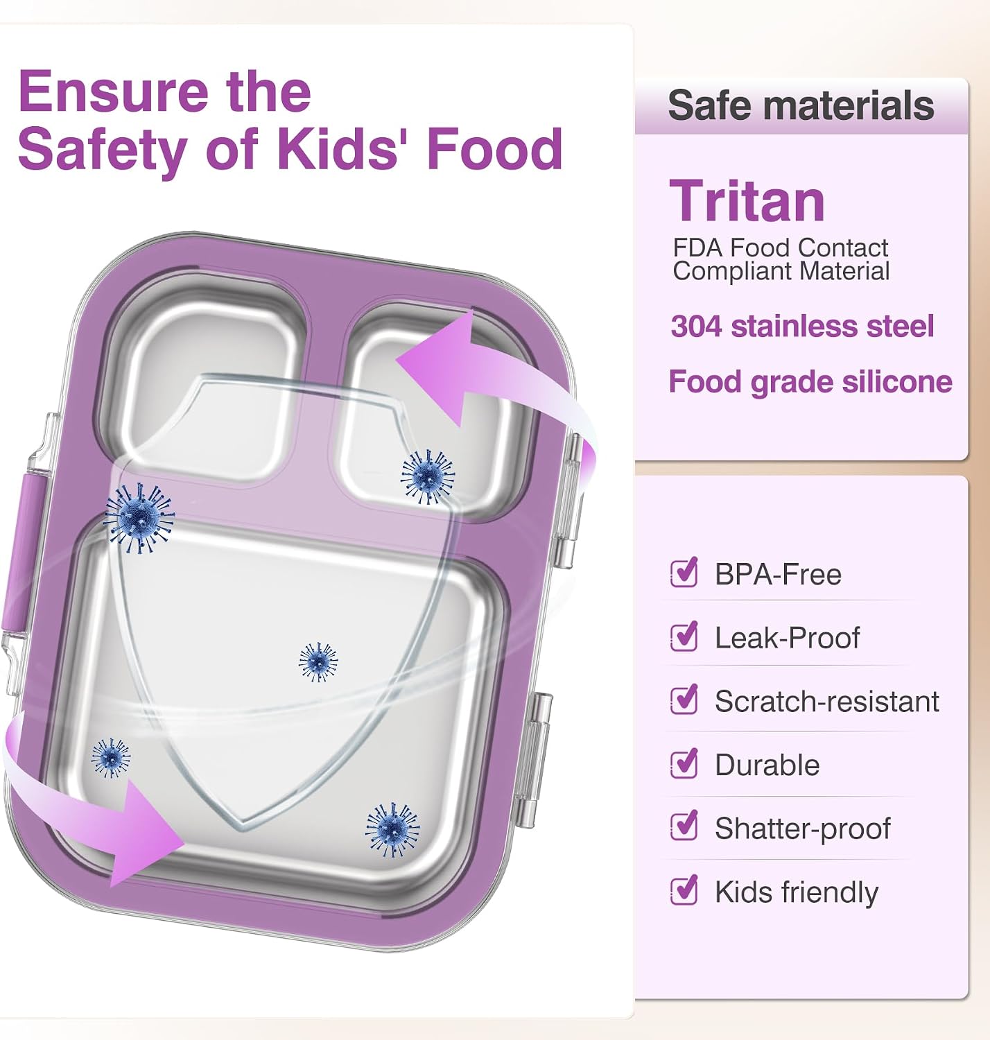 HOMEKOL Stainless Steel Bento Lunch Box, 3-Compartment Leak-Proof Lunch Container for Kids & Adults, BPA/BPS-Free 304 Metal Food Box, Dishwasher Safe, Clear Tritan Lid, Green (Not Insulated)