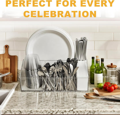 Acrylic Paper Plate Organizer and Dispenser – Extra Capacity Plate and Utensil Caddy for Plates, Cups, Napkins and Cutlery, Ideal for Kitchen, Parties, Picnics, Weddings, and Outdoor Events