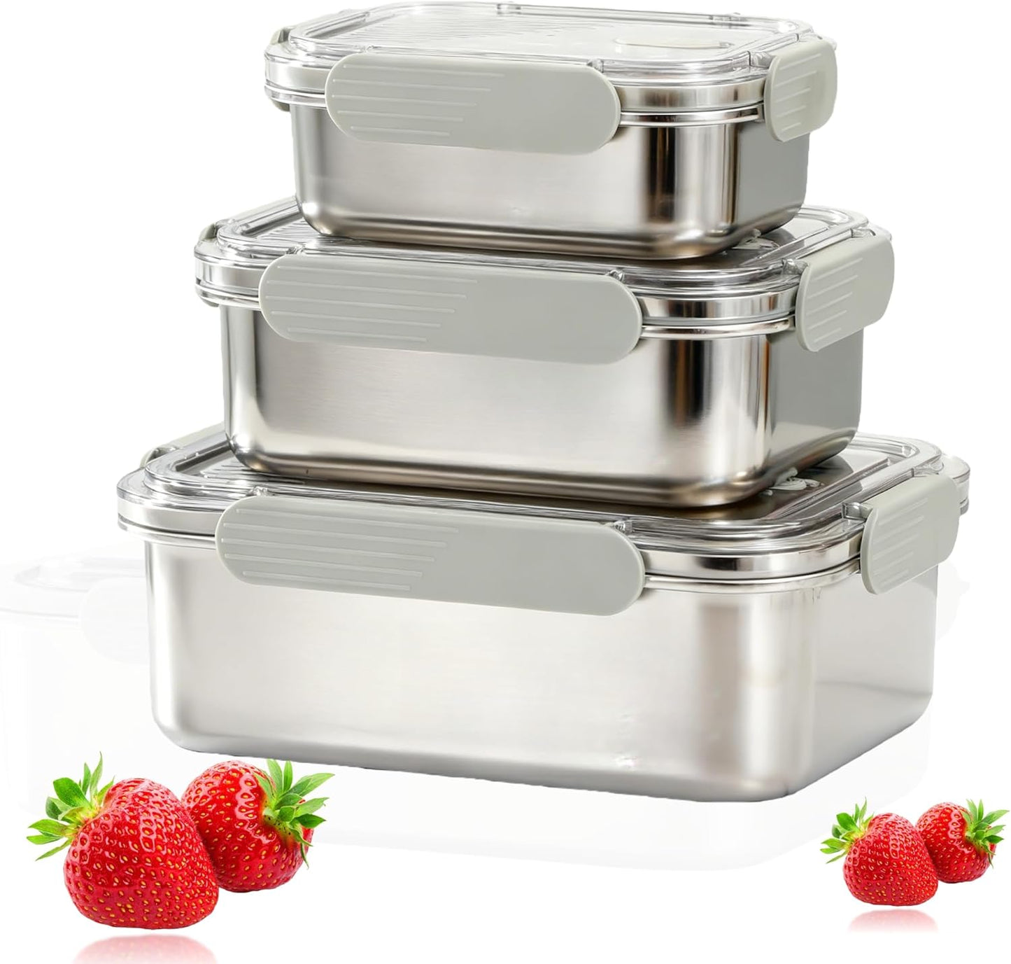 Stainless Steel Food Storage Containers Set, Airtight with Vacuum Seal, Set of 3 (22/44/82 oz), Stackable, Dishwasher & Freezer Safe for Meal Prep and Leftovers Storage
