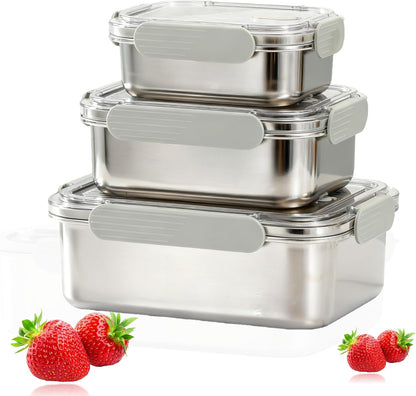 Stainless Steel Food Storage Containers Set, Airtight with Vacuum Seal, Set of 3 (22/44/82 oz), Stackable, Dishwasher & Freezer Safe for Meal Prep and Leftovers Storage