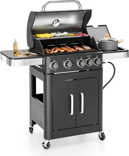 MFSTUDIO 5 Burner Gas Grill Griddle Combo with Porcelain-Enameled Cast Iron Grates,Cutting Board and Double Lids, Duel-Function Propane BBQ Grills with Flat Top Grddle for Outdoor Barbecue Cooking