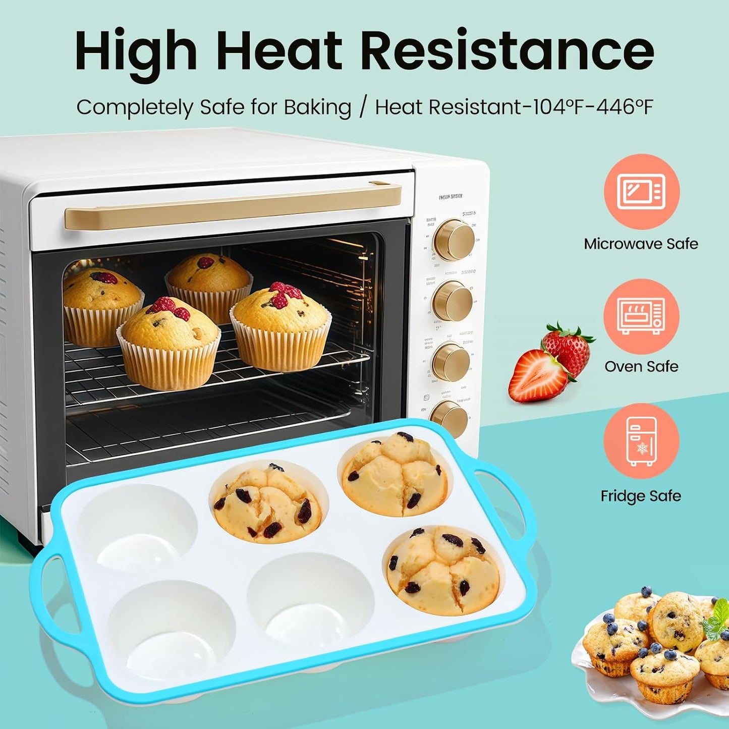 Silicone Muffin Pans for Baking 2 Pack, 2.6 Inch with Metal Reinforced Frame, Regular Size Nonstick Cupcake Pan 12 Cups for Baking Homemade Muffins, Dishwasher Safe BPA Free-Blue