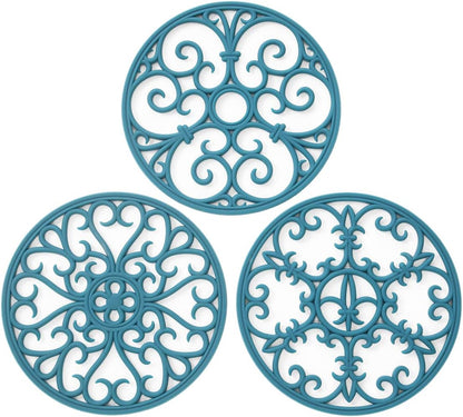 Silicone Trivet Mat - Hot Pot Holder Hot Pads for Table & Countertop - Teapot Trivet Kitchen Trivets - Non-Slip & Heat Resistant Modern Kitchen Hot Pads for Pots & Hot Dish Navy Blue Trivet Set of 3