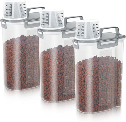 LEAWALK Airtight Small Cat Dog Pet Food Storage Containers BPA Free, with Large Pour Spout/1 Measuring Cup/ 4 Safety Locks and Double-layer Silicone Strip (Olive Gray x 2, 3L-2pack)