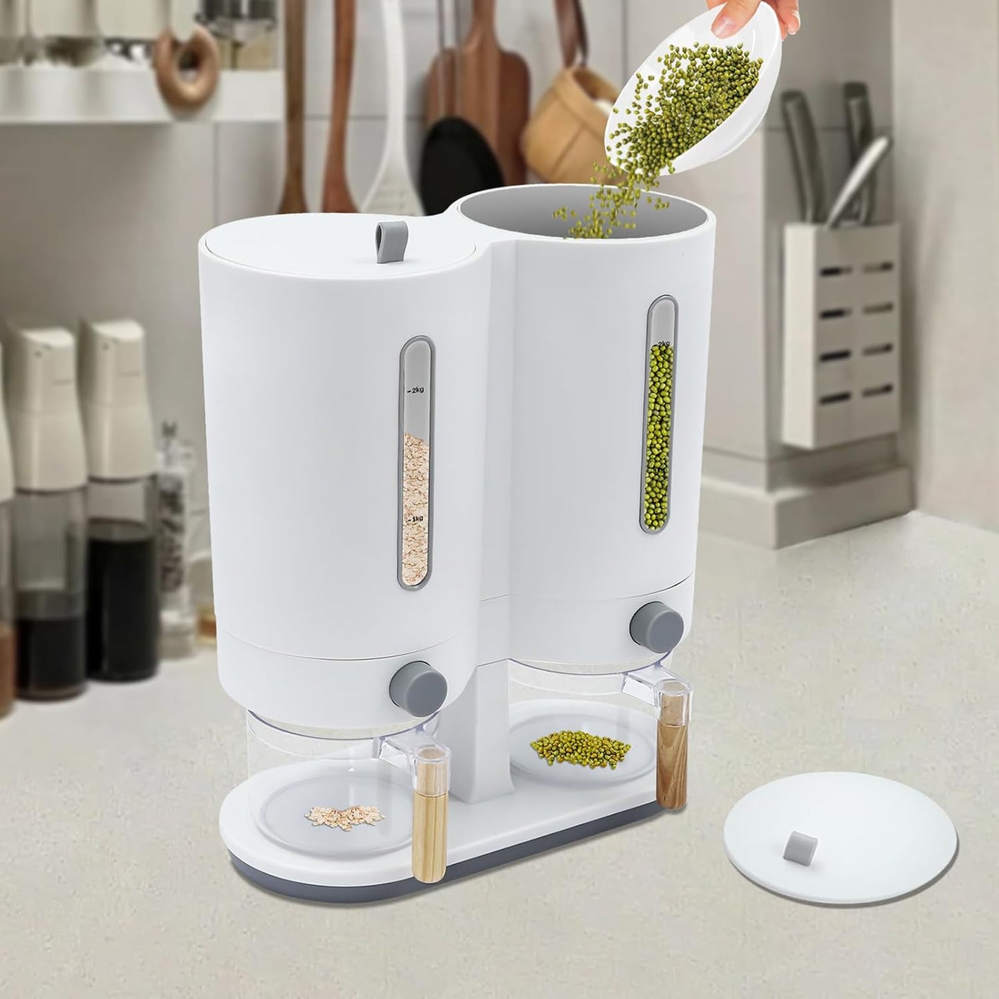 Dual Rice Dispenser, Grain Holder Beans Cereal Dispensers, Rice Storage Container with 2 Measuring Cup, with Airtight Lid, for Home Kitchen Countertop Organization (White Grey)