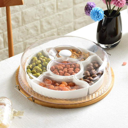 yarlung Ceramic Divided Serving Dishes Platter with Clear Lid, 11 Inch Bamboo Appetizer Tray with Handles 5 Removable Snacks Bowls Relish Tray for Candy and Nut, Chips and Dips, Veggies