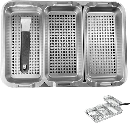 Grill Pans for Outdoor Grill-3 Grilling Baskets|Serving Tray| Clip-on Handle.BBQ Serving Platters with Holes for Grill Fish,Vegetable,Meat and Prep Food Veggie