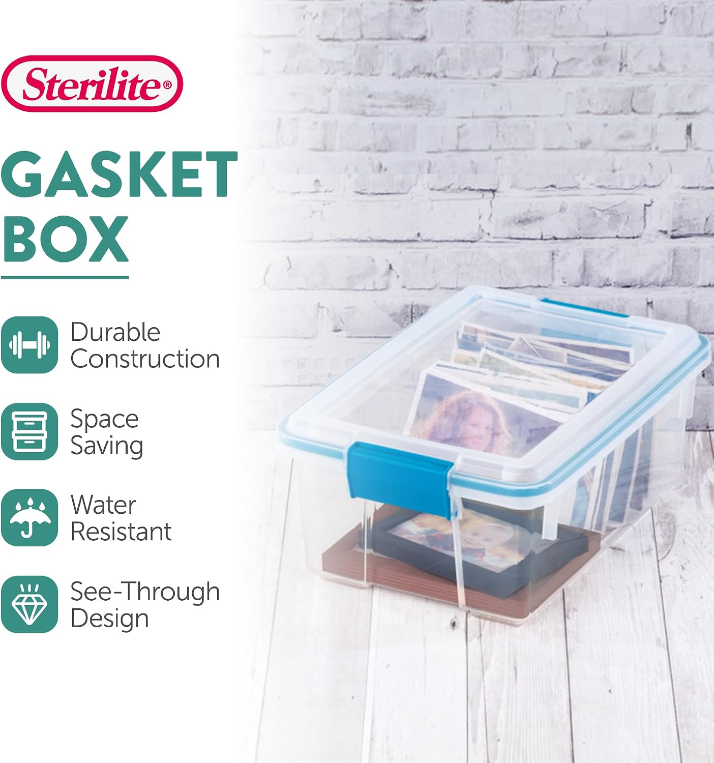 Sterilite 80 Qt Gasket Box, Stackable Storage Bin with Latching Lid and Tight Seal, Plastic Container to Organize Basement, Clear Base and Lid, 1-Pack