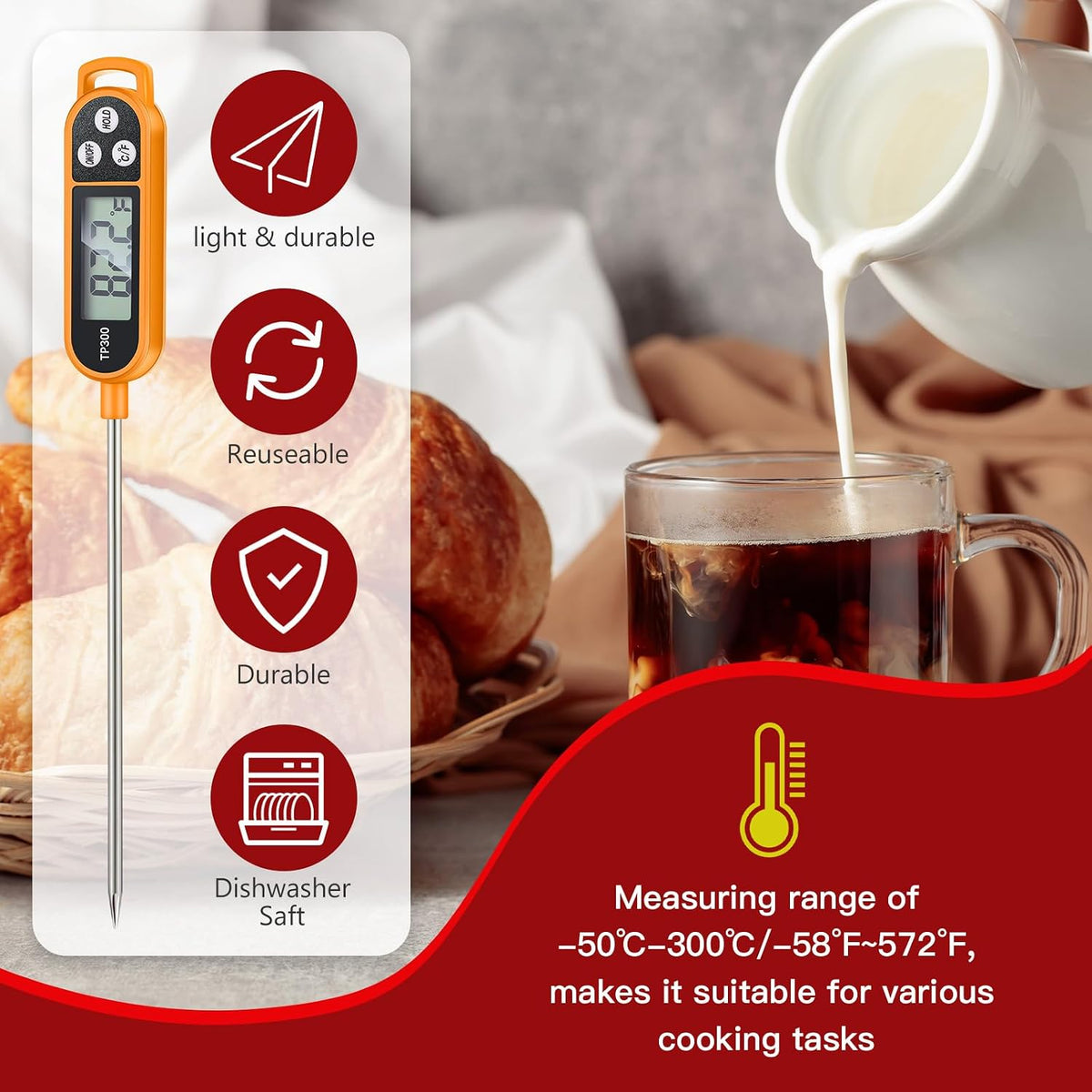 Copkim Food Thermometer Instant Read Probe BBQ,Red
