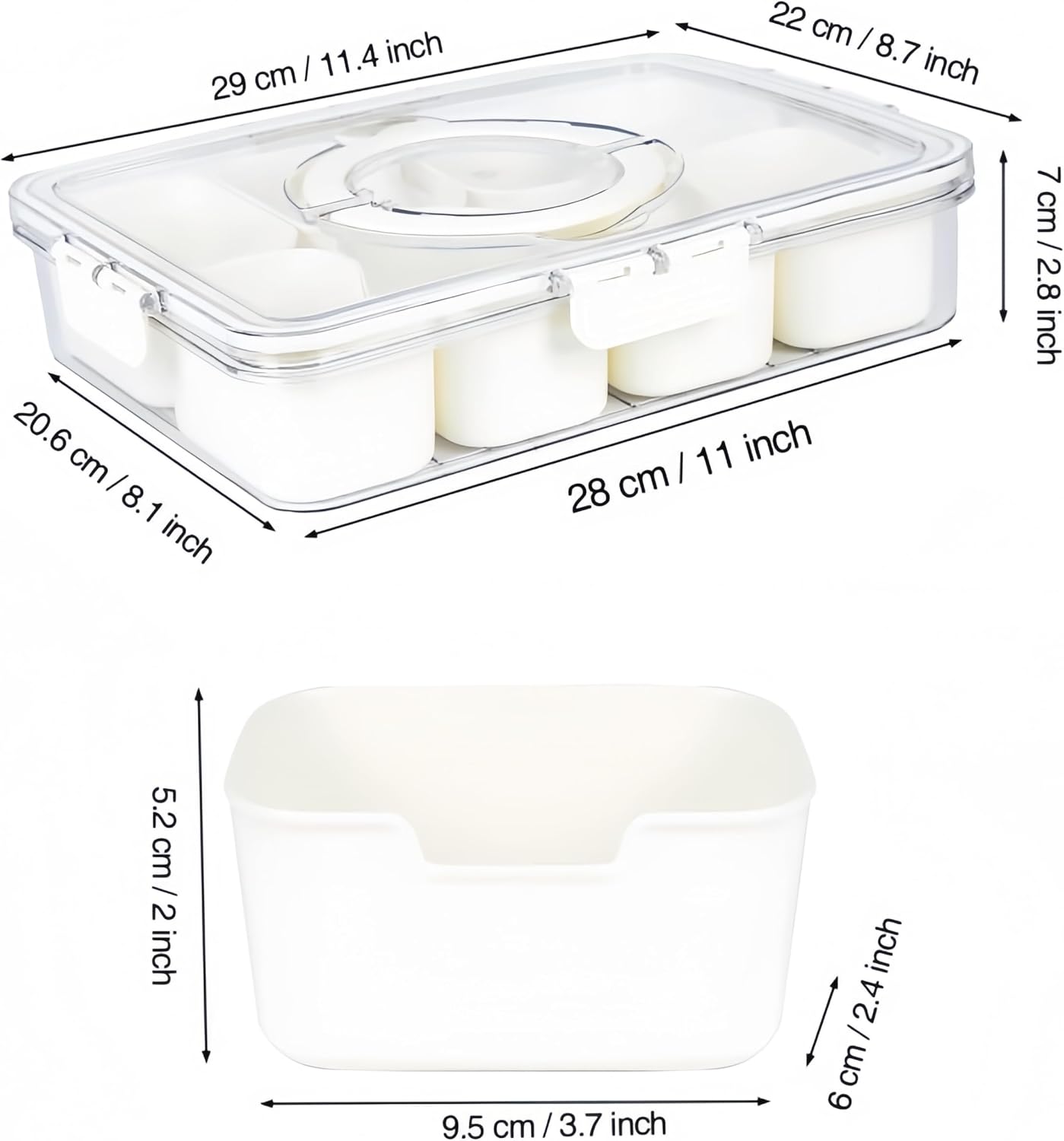 Divided Serving Tray with Lid and Handle - Snackle Box Charcuterie Container for Portable Snack Platters - Clear Organizer for Candy, Fruits, Nuts, Snacks