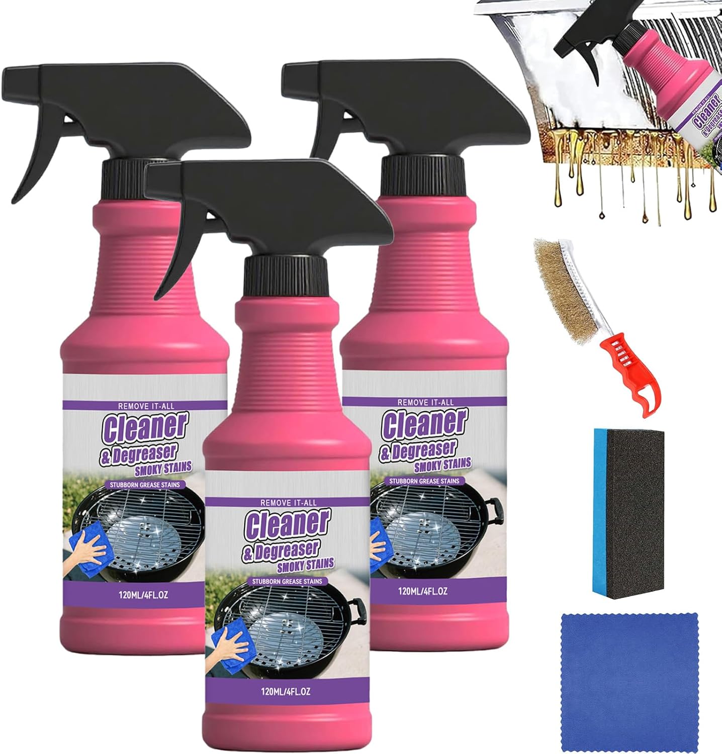 Fast-Acting Heavy-Duty Grill Degreaser Spray, BBQ Grill Cleaner Spray for Smoky Stains, Removes Grease & Carbon, 120ML for Outdoor Grills, Kitchen Grates and Racks, Electric Smokers (3Pc)