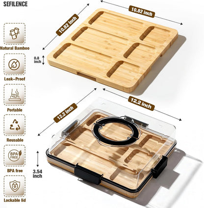 Charcuterie Board with Clear Locking Lid and Handle, 6 Compartment Bamboo Cheese Board Snackle Box, Portable Cutting Board for Snacks, Fruits&Meats, Ideal Gift for Parties, Birthday& House Warming