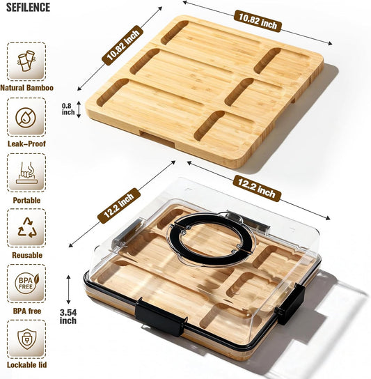 Charcuterie Board with Clear Locking Lid and Handle, 6 Compartment Bamboo Cheese Board Snackle Box, Portable Cutting Board for Snacks, Fruits&Meats, Ideal Gift for Parties, Birthday& House Warming