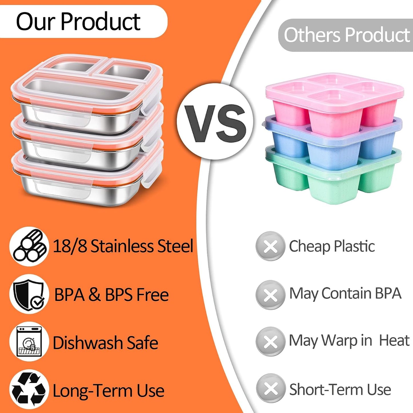 KTKUDY 3 Pack Stainless Steel Snack Containers - Kids Lunch Containers with 3 Compartment - Divided Meal Prep Bento Box for Kids Daycare, School, Work, Travel