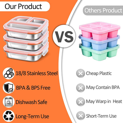 KTKUDY 3 Pack Stainless Steel Snack Containers - Kids Lunch Containers with 3 Compartment - Divided Meal Prep Bento Box for Kids Daycare, School, Work, Travel