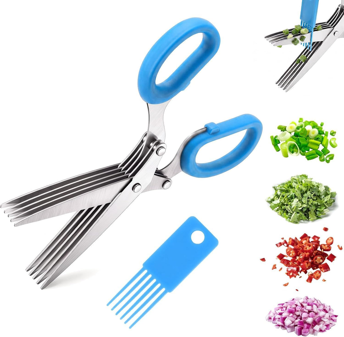 5-Blade Stainless Steel Herb Shears Herb Cutter with Cover - Fast Kitchen Chopper For Fresh Herbs Seasonings，Green+Blue