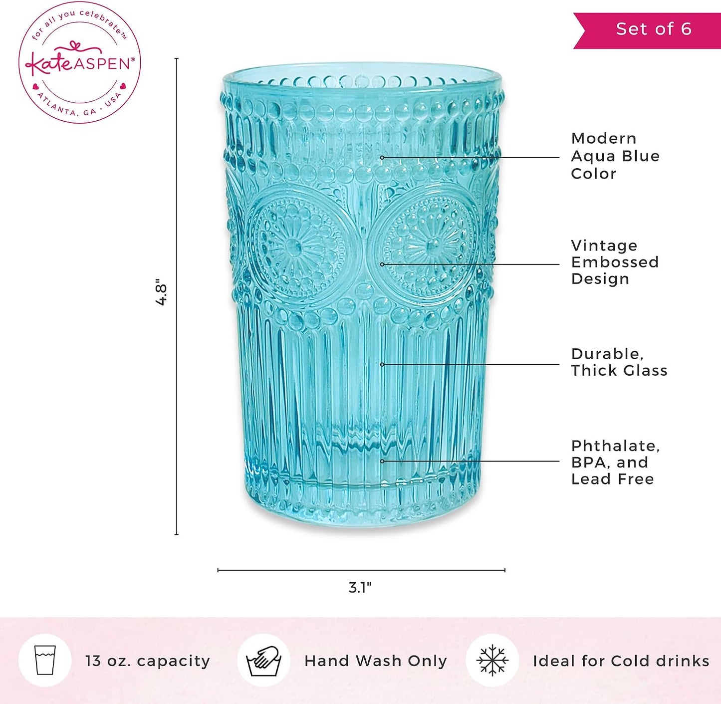 Kate Aspen Vintage Textured Aqua Blue Striped Drinking Glasses Set of 6-13 oz Ribbed Glassware with Flower Design | Cocktail Set, Juice Glass, Water Tumbler