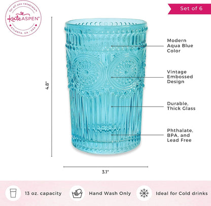 Kate Aspen Vintage Textured Aqua Blue Striped Drinking Glasses Set of 6-13 oz Ribbed Glassware with Flower Design | Cocktail Set, Juice Glass, Water Tumbler
