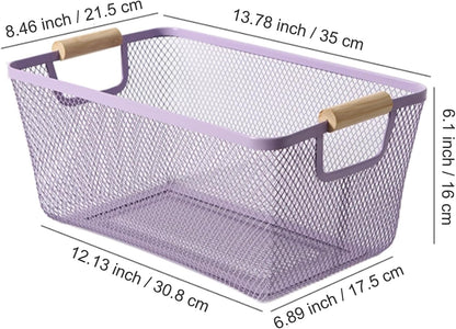 AJIODA Metal Mesh Steel Basket, Large Wire Storage Organizer Basket Multi-function Hanging Kitchen Baskets with Wood Handle for Kitchen Bathroom Picnic Home, Rectangle-Off White