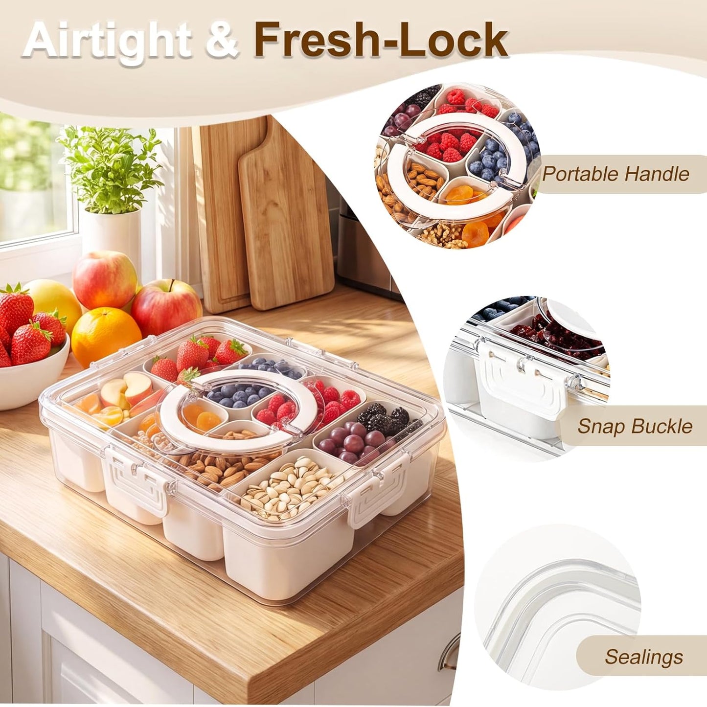 Chilled Snackle Box Container with Ice Pack, Divided Serving Tray with Lid & Handle Portable Snack Tackle Box Container with Insulated Bag 8 Compartment Clear Snacklebox for Beach Road Trip Picnic