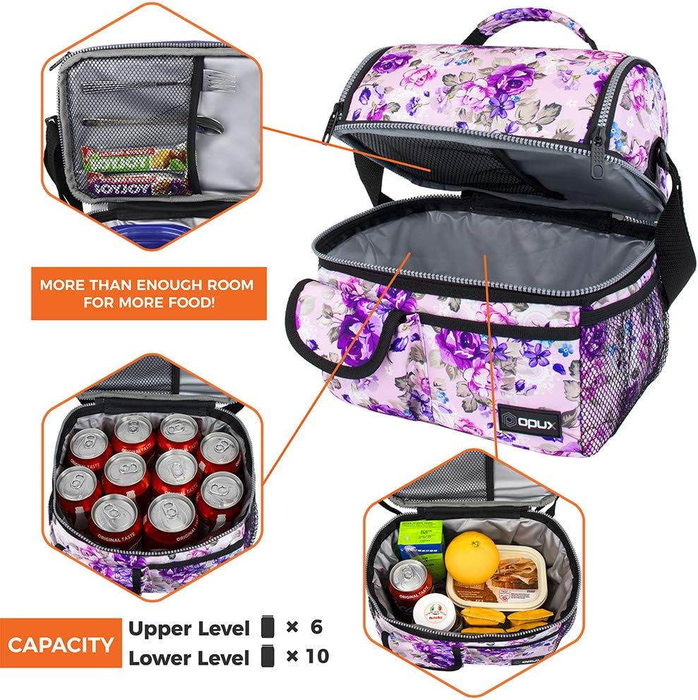 opux Insulated Lunch Bag Women Men, Dual Compartment Leakproof Lunch Box Adults Kids, Double Decker Meal Prep Bento Lunch Cooler Tote with Shoulder Strap for Work Office School Travel, Floral Purple