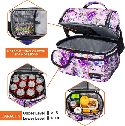 opux Insulated Lunch Bag Women Men, Dual Compartment Leakproof Lunch Box Adults Kids, Double Decker Meal Prep Bento Lunch Cooler Tote with Shoulder Strap for Work Office School Travel, Floral Purple
