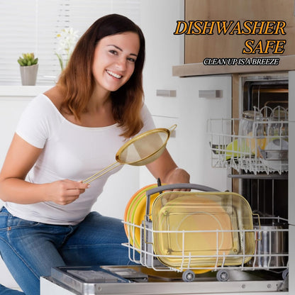LemonRoad Gold Over the Sink Colander with Expandable Handles and 3 Pcs Gold Fine Mesh Strainer Large Stainless Steel Colander Strainer Basket for Kitchen Accessories (15-18.1 L x 10.6 W x 2.4 H)