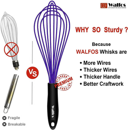Walfos Silicone Whisk,Stainless Steel Wire Whisk -Heat Resistant 480°F Kitchen Whisks for Non-stick Cookware,Balloon Egg Beater Perfect for Blending,Whisking,Beating,Frothing & Stirring,Black