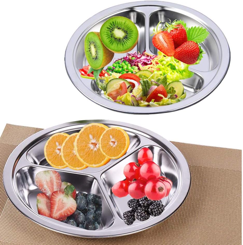 Set of 2 Stainless Steel Rectangular Divided Plates Tray 5 Sections Dinner Plates for Adults - Unbreakable Metal Plate for Campers, and Portion Control Reusable Plate