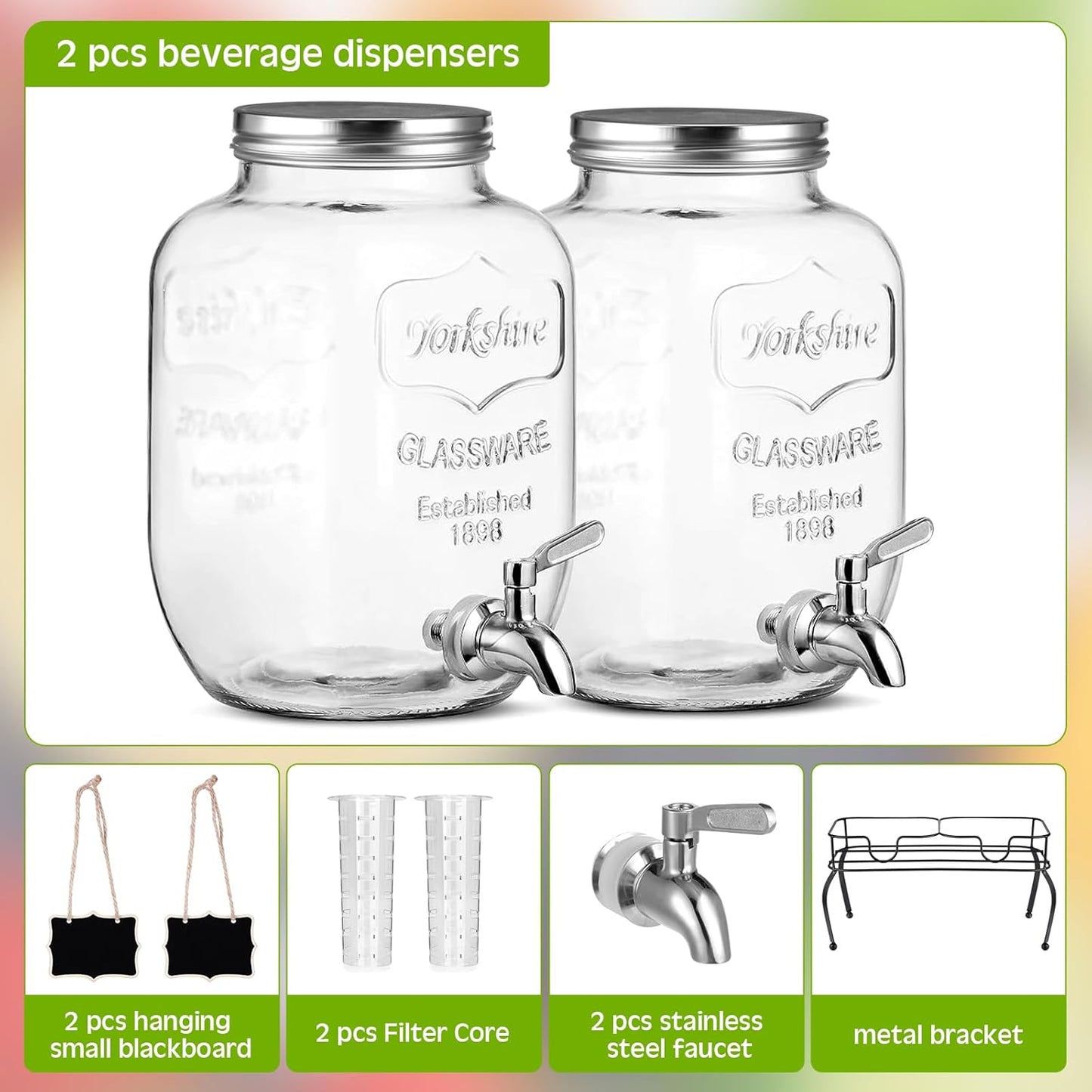 Lallisa 2 Pcs 2 Gallon Glass Drink Dispenser with Stand Ice Cylinder Hanging Chalkboard Signs 18/8 Stainless Steel Spigot Beverage Dispensers for Parties Mason Jar Drink Lemonade (Rose Gold)