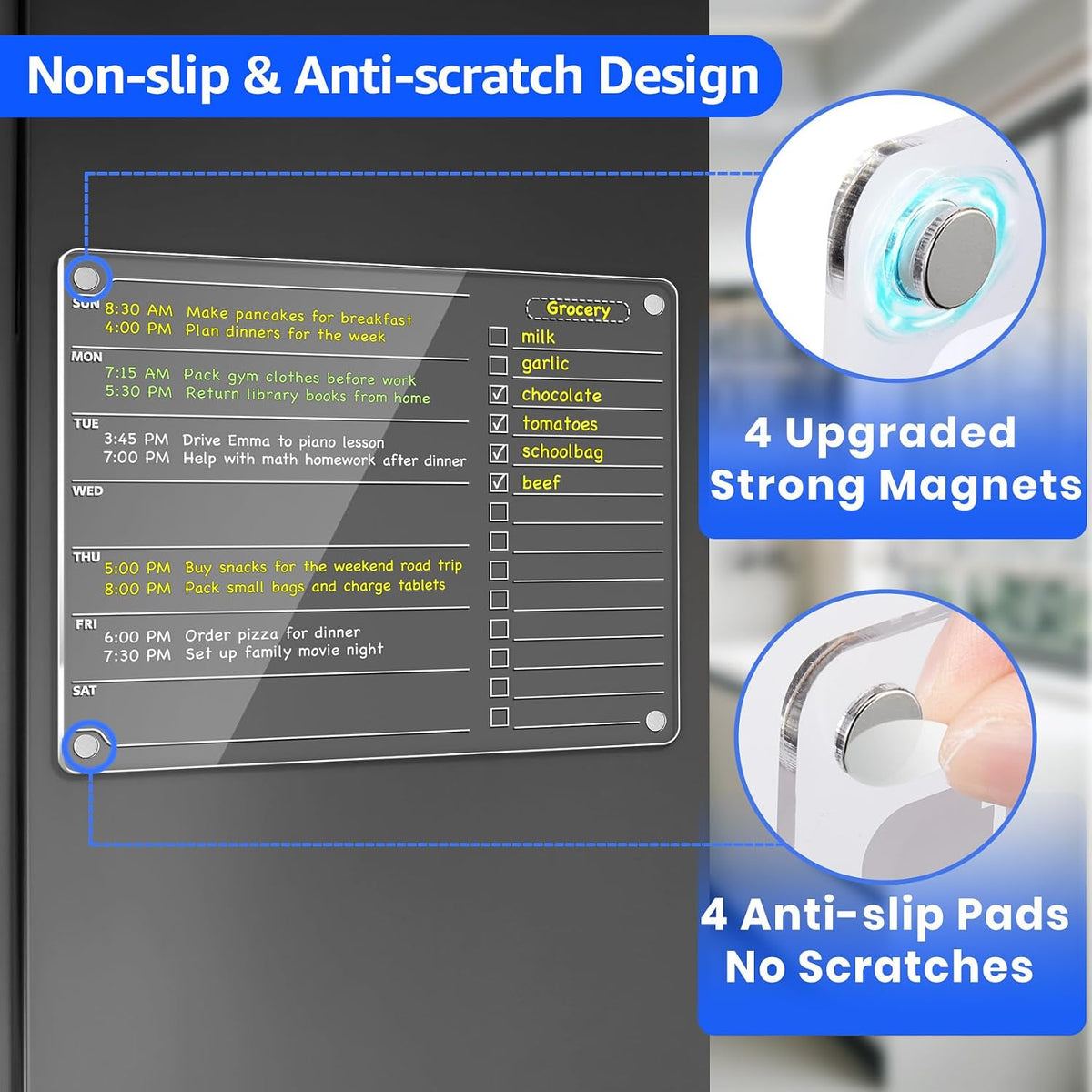 PigPotParty Acrylic Magnetic Chore Chart for Adults, 12x9.5 Inch Clear Dry Erase Chore Board for Fridge, Daily Weekly and Notes Sections, Pre-Installed Embedded Magnets, 8 Fine-tip Markers and Towel