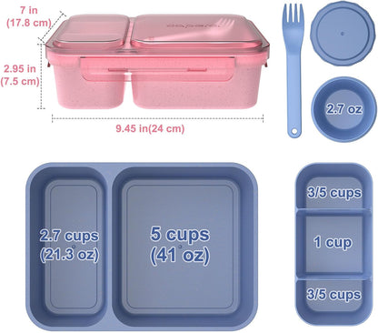 Caperci 2 Pack Salad Container for Lunch - 62 oz Large Bento Lunch Box for Adults, 2-Compartment Meal Prep Container with Removable Toppings Tray, Sauce Cup, Reusable Fork, BPA-Free (Purple & Green)